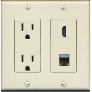 15 Amp Power Outlet and 1 Port HDMI and 1 Port Shielded Cat6 Ethernet Decorative Type Wall Plate - Light Almond 15 Amp Power Outlet and 1 Port HDMI and 1 Port Shielded Cat6 Ethernet Decorative Type Wall Plate - Light Almond