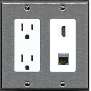 15 Amp Power Outlet and 1 Port HDMI and 1 Port Shielded Cat6 Ethernet Decorative Type Wall Plate - Stainless Steel/White 15 Amp Power Outlet and 1 Port HDMI and 1 Port Shielded Cat6 Ethernet Decorative Type Wall Plate - Stainless Steel/White