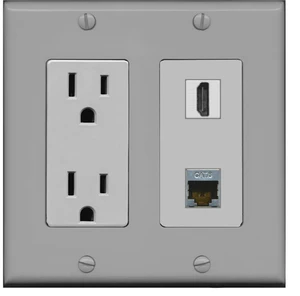 15 Amp Power Outlet and 1 Port HDMI and 1 Port Shielded Cat6 Ethernet Decorative Type Wall Plate - Gray 15 Amp Power Outlet and 1 Port HDMI and 1 Port Shielded Cat6 Ethernet Decorative Type Wall Plate - Gray