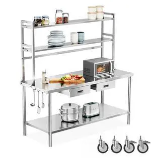 Stainless Steel Table with Wheels & Overshelves 48" X 24", NSF Commercial Heavy Duty Pre Table with Drawers & Adjustable Undershelf,Metal Table with Detachable Hooks for Kitchen Restaurant Stainless Steel Table with Wheels & Overshelves 48" X 24", NSF Commercial Heavy Duty Pre Table with Drawers & Adjustable Undershelf,Metal Table with Detachable Hooks for Kitchen Restaurant