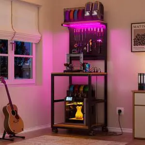 3D Printer Stand with Filament Storage Workstation, Large Mobile 3D Printer Workbench with AC/USB Power Hub and LED Lights, Heavy Duty Printer Shelf with Pegboard for Studio Garage,Brown,Small 3D Printer Stand with Filament Storage Workstation, Large Mobile 3D Printer Workbench with AC/USB Power Hub and LED Lights, Heavy Duty Printer Shelf with Pegboard for Studio Garage,Brown,Small