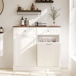 Double Tilt Out Trash Can Cabinet, 20 Gallon Hidden Trash Storage Cabinet with 2 Hideaway Drawers, Freestanding Trash Can for Kitchen, Wooden Laundry Hamper Cabinet, Pet Proof (White-Walnut) Double Tilt Out Trash Can Cabinet, 20 Gallon Hidden Trash Storage Cabinet with 2 Hideaway Drawers, Freestanding Trash Can for Kitchen, Wooden Laundry Hamper Cabinet, Pet Proof (White-Walnut)