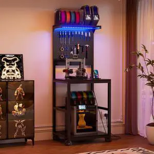 3D Printer Stand with Filament Storage Workbench,3D Printer Table with Charging Station & LED Lights,Heavy Duty Rolling Printer Desk with Pegboard for Workshop,Office,Garage 3D Printer Stand with Filament Storage Workbench,3D Printer Table with Charging Station & LED Lights,Heavy Duty Rolling Printer Desk with Pegboard for Workshop,Office,Garage