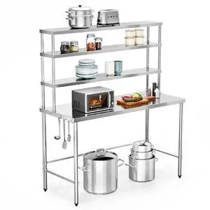 Open Base Stainless Steel Table with Overshelves 48" X 24", NSF Commercial Heavy Duty Pre Table with Adjustable Undershelf & Detachable Hooks for Kitchen Restaurant Open Base Stainless Steel Table with Overshelves 48" X 24", NSF Commercial Heavy Duty Pre Table with Adjustable Undershelf & Detachable Hooks for Kitchen Restaurant