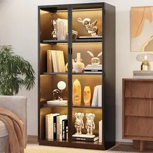 Display Cabinet with Glass Doors and LED Lights, Glass Display Cabinet with 3 Adjustable Shelves,4 Tier of Storage Space Curio Cabinet for Bedroom Living Room Homeoffice Dining Room Display Cabinet with Glass Doors and LED Lights, Glass Display Cabinet with 3 Adjustable Shelves,4 Tier of Storage Space Curio Cabinet for Bedroom Living Room Homeoffice Dining Room