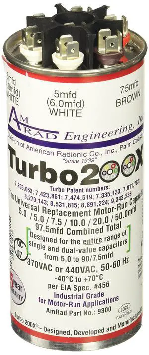 12300 Turbo 200X 5-97.5 mfd 370/440V Round Universal Run Capacitor 12300 Turbo 200X 5-97.5 mfd 370/440V Round Universal Run Capacitor