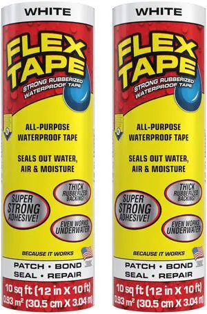 Original Thick Flexible Rubberized Waterproof Tape - Seal and Patch Leaks, Works Underwater, Indoor Outdoor - Home RV Roof Plumbing and Pool Repairs, White, 12 in x 10 ft, Pack of 2 Original Thick Flexible Rubberized Waterproof Tape - Seal and Patch Leaks, Works Underwater, Indoor Outdoor - Home RV Roof Plumbing and Pool Repairs, White, 12 in x 10 ft, Pack of 2