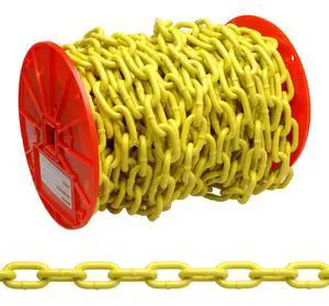 System 3 Grade 30 Low Carbon Steel Proof Coil Chain on Reel | Yellow Polycoated | 3/16" Trade | 0.21" Diameter | 100' Length| 800 lbs Load Capacity System 3 Grade 30 Low Carbon Steel Proof Coil Chain on Reel | Yellow Polycoated | 3/16" Trade | 0.21" Diameter | 100' Length| 800 lbs Load Capacity