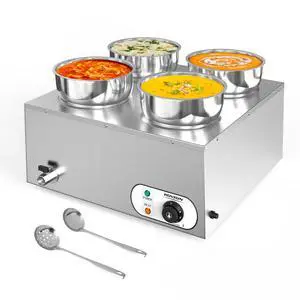 Electric Soup Warmer, 30QT Commercial Food Warmer Steam Table, Countertop Bain Marie with Four 7.4QT Pots, 86~185°F Adjustable Temperature, Lid and Tap for Buffet Restaurant 1500W Electric Soup Warmer, 30QT Commercial Food Warmer Steam Table, Countertop Bain Marie with Four 7.4QT Pots, 86~185°F Adjustable Temperature, Lid and Tap for Buffet Restaurant 1500W