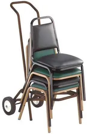 stacked chair dolly, powder coated steel frame, holds 10 chairs, 4" hard rubber casters, 34" x 34" x 52", brown stacked chair dolly, powder coated steel frame, holds 10 chairs, 4" hard rubber casters, 34" x 34" x 52", brown