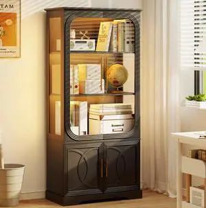 Display Curio Cabinet with Glass Doors, 69 in Tall Bookcase with LED Lights, Storage Cabinet|Kitchen Pantry Cabinet, 5 Tier Glass Display Case for Living Room, Home Office, Black Display Curio Cabinet with Glass Doors, 69 in Tall Bookcase with LED Lights, Storage Cabinet|Kitchen Pantry Cabinet, 5 Tier Glass Display Case for Living Room, Home Office, Black