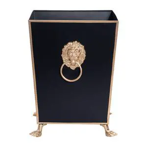Decorative Black Bathroom Trash Can No Lid with Gold Trim, Black Metal Trash Can Farmhouse, Waste Basket for Dorm Room, Bedroom, Home Office, Square Waste Bin No Lid, Lion Head Accent Decorative Black Bathroom Trash Can No Lid with Gold Trim, Black Metal Trash Can Farmhouse, Waste Basket for Dorm Room, Bedroom, Home Office, Square Waste Bin No Lid, Lion Head Accent