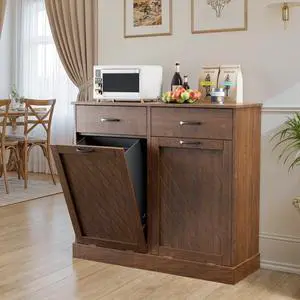 26 Gallons Double Tilt Out Trash Can Cabinet, 2x13 Gallons Hidden Kitchen Trash Cabinet with Storage Drawers, Pet Proof Hidden Garbage Can for Kitchen, Laundry Room, Bathroom Wood Brown 26 Gallons Double Tilt Out Trash Can Cabinet, 2x13 Gallons Hidden Kitchen Trash Cabinet with Storage Drawers, Pet Proof Hidden Garbage Can for Kitchen, Laundry Room, Bathroom Wood Brown