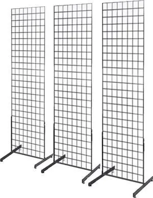 2' x 6' Grid Wall Panel Floorstanding Display Fixture with Deluxe T-Style Base, Black or White. Three-Pack Combo. (BLACK) 2' x 6' Grid Wall Panel Floorstanding Display Fixture with Deluxe T-Style Base, Black or White. Three-Pack Combo. (BLACK)