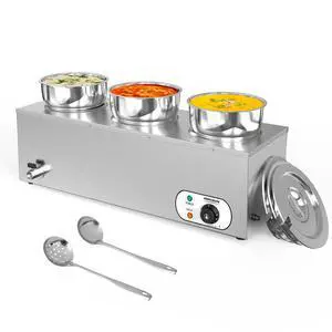 Electric Soup Warmer, 22QT Commercial Food Warmer Steam Table, Countertop Bain Marie with Three 7.4QT Pots, 86~185°F Adjustable Temperature, Lid and Tap for Buffet Restaurant 1200W Electric Soup Warmer, 22QT Commercial Food Warmer Steam Table, Countertop Bain Marie with Three 7.4QT Pots, 86~185°F Adjustable Temperature, Lid and Tap for Buffet Restaurant 1200W
