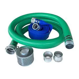 3" Pump Hose Kit, Includes 3 inch x 20 ft Green PVC Suction Hose, 3 inch x 50 ft Blue Lay Flat Discharge Hose, Plated Steel Suction Strainer, Two Male Cam and Groove Adapters 3" Pump Hose Kit, Includes 3 inch x 20 ft Green PVC Suction Hose, 3 inch x 50 ft Blue Lay Flat Discharge Hose, Plated Steel Suction Strainer, Two Male Cam and Groove Adapters