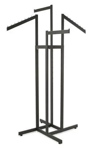 4-Way Clothing Rack, Heavy Duty Adjustable Garment Display with 2 Straight and 2 Slanted Arms, Square Tubing, Black 4-Way Clothing Rack, Heavy Duty Adjustable Garment Display with 2 Straight and 2 Slanted Arms, Square Tubing, Black