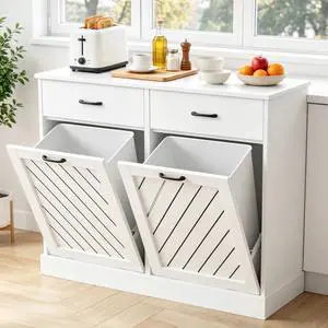 2x13 Gallons Double Tilt Out Trash Can Cabinet, White Hidden Kitchen Trash Cabinet with Storage Drawers, Pet Proof Hidden Garbage Can for Kitchen, Laundry Room, Bathroom Wood 2x13 Gallons Double Tilt Out Trash Can Cabinet, White Hidden Kitchen Trash Cabinet with Storage Drawers, Pet Proof Hidden Garbage Can for Kitchen, Laundry Room, Bathroom Wood