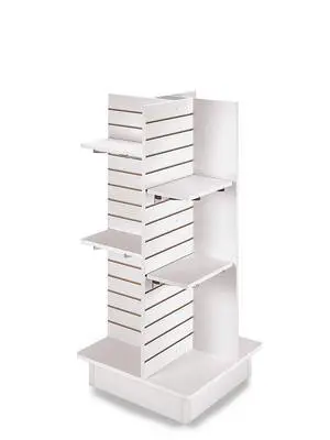 Durable White Slatwall Tower for Retail: Premium Slatwall Display Panels | Versatile Slatwall Gondola Solution 4-Panel White Slatwall Tower with Casters and Shelves (23"L x 23"W x 54"H) Durable White Slatwall Tower for Retail: Premium Slatwall Display Panels | Versatile Slatwall Gondola Solution 4-Panel White Slatwall Tower with Casters and Shelves (23"L x 23"W x 54"H)