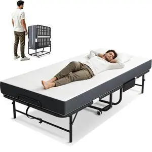 Folding Bed with Mattress, Rollaway Bed for Adults, Guest & Camping, Portable Metal Bed Frame on Wheels, Max Capacity 450LBS, Easy Assembly & Storage | Space-Saving Bed, Effortless Mobility | Guest & Folding Bed with Mattress, Rollaway Bed for Adults, Guest & Camping, Portable Metal Bed Frame on Wheels, Max Capacity 450LBS, Easy Assembly & Storage | Space-Saving Bed, Effortless Mobility | Guest &