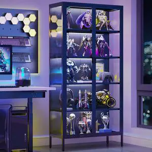 71" H Display Cabinet with Glass Doors,5-Tier Metal Display Case for Collectibles,Curio Cabinet with 4 Adjustable Shelves and Dimmable LED Lights for Living Room,Home Office 71" H Display Cabinet with Glass Doors,5-Tier Metal Display Case for Collectibles,Curio Cabinet with 4 Adjustable Shelves and Dimmable LED Lights for Living Room,Home Office