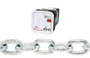 0143626 System 3 Grade 30 Low Carbon Steel Proof Coil Chain in Square Pail, Zinc Plated, 3/8" Trade, 0.37" Diameter, 45' Length, 2650 lbs Load Capacity 0143626 System 3 Grade 30 Low Carbon Steel Proof Coil Chain in Square Pail, Zinc Plated, 3/8" Trade, 0.37" Diameter, 45' Length, 2650 lbs Load Capacity
