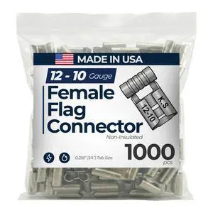 1000 Pcs Non-Insulated Flag Quick Disconnect Electrical Wire Connector - 12-10 AWG Gauge.250 (1/4") Blade Wire Terminal Crimp Connector - Made in USA 1000 Pcs Non-Insulated Flag Quick Disconnect Electrical Wire Connector - 12-10 AWG Gauge.250 (1/4") Blade Wire Terminal Crimp Connector - Made in USA