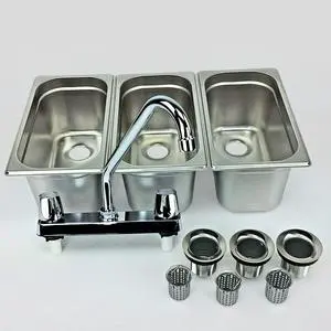 Standard 3-Compartment Drop-in Stainless Steel Concession Sink | Portable 3-basin sink with 12" faucet, bar drains, and basket strainers included. for food truck and concession stands Standard 3-Compartment Drop-in Stainless Steel Concession Sink | Portable 3-basin sink with 12" faucet, bar drains, and basket strainers included. for food truck and concession stands