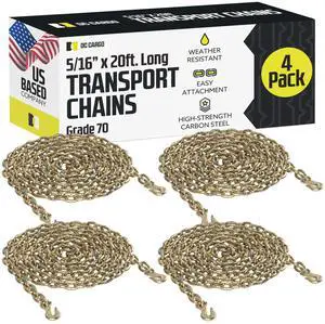 DC Cargo Tie Down Transport Chains - Heavy Duty Tow Chain with 5/16" Grade 70 Chain, Log Chain Hooks, G70 Load Binder Chain is 20 ft Long, 4,700 lbs WLL (Pack of 4) DC Cargo Tie Down Transport Chains - Heavy Duty Tow Chain with 5/16" Grade 70 Chain, Log Chain Hooks, G70 Load Binder Chain is 20 ft Long, 4,700 lbs WLL (Pack of 4)