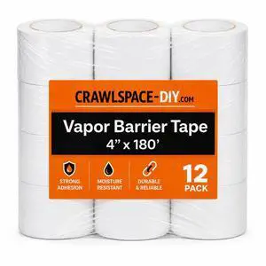Crawlspace-DIY Vapor Barrier Tape, 12 Mil Easy-to-Use Polyethylene Moisture Vapor Barrier Seam Tape for Crawl Space, Repairs, Underlayment, Waterproof, 4" x 180', 12 Rolls Crawlspace-DIY Vapor Barrier Tape, 12 Mil Easy-to-Use Polyethylene Moisture Vapor Barrier Seam Tape for Crawl Space, Repairs, Underlayment, Waterproof, 4" x 180', 12 Rolls