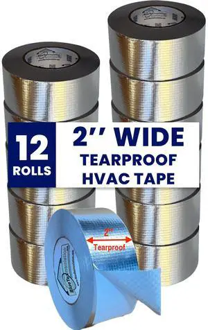 HVAC Aluminum Foil Tape 2 inch x 150 ft (6 mil), Professional Grade Silver Metallic Tear-Proof HVAC Tape, Heavy Duty Aluminum Tape for Ductwork, Dryer Vent & Insulation - 12 Rolls HVAC Aluminum Foil Tape 2 inch x 150 ft (6 mil), Professional Grade Silver Metallic Tear-Proof HVAC Tape, Heavy Duty Aluminum Tape for Ductwork, Dryer Vent & Insulation - 12 Rolls