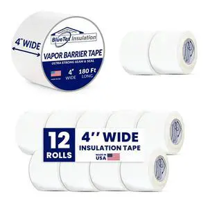 4'' Wide x 180' Long White Vapor Barrier Tape - 12 Rolls, Waterproofing for Stucco, Crawlspaces, Repair, Underlayment Seams, Metal Building Seams, Excellent Air Barrier 4'' Wide x 180' Long White Vapor Barrier Tape - 12 Rolls, Waterproofing for Stucco, Crawlspaces, Repair, Underlayment Seams, Metal Building Seams, Excellent Air Barrier