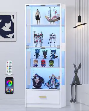 Display Cabinet with Glass Doors - 67" Curio Cabinet with RGB LED Lights and Drawer for Collectibles, 4 Tier Glass Display Case for Living Room, Office, White (Narrow) Display Cabinet with Glass Doors - 67" Curio Cabinet with RGB LED Lights and Drawer for Collectibles, 4 Tier Glass Display Case for Living Room, Office, White (Narrow)