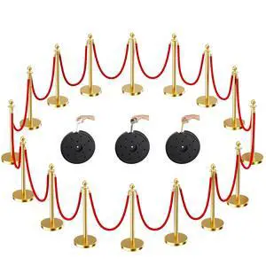 Gold Stanchions and Velvet Ropes, 16pcs Rope & Stainless Steel Posts | Red Velvet Ropes and Posts With Water/Sand/Concrete Fillable Leakproof Base for Birthday, Prom, Business, Wedding, Red Carpet Gold Stanchions and Velvet Ropes, 16pcs Rope & Stainless Steel Posts | Red Velvet Ropes and Posts With Water/Sand/Concrete Fillable Leakproof Base for Birthday, Prom, Business, Wedding, Red Carpet