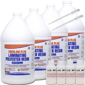 FIBERLAM Plus 1-10G Polyester Resin 1-10 Gallon +MEKP Hardener; Low Viscosity Coating for Laminating Fiberglass mat/Biaxle/Cloth; Boat/RV/Automotive/Canoe/Surfboard| Extended TACK Time (4 Gallon) FIBERLAM Plus 1-10G Polyester Resin 1-10 Gallon +MEKP Hardener; Low Viscosity Coating for Laminating Fiberglass mat/Biaxle/Cloth; Boat/RV/Automotive/Canoe/Surfboard| Extended TACK Time (4 Gallon)