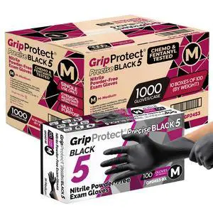Precise 5 Mil Black Nitrile Gloves Chemical Resistant Nitrile Gloves with Textured Grip for Mechanics, Janitors & Food Prep Medical Disposable Gloves, Medium Case of 1000, 10 bx of 100 Precise 5 Mil Black Nitrile Gloves Chemical Resistant Nitrile Gloves with Textured Grip for Mechanics, Janitors & Food Prep Medical Disposable Gloves, Medium Case of 1000, 10 bx of 100