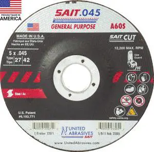 SAIT 22071 A60S General Purpose Cut-Off Wheels (Type 27/Type 42 Depressed Center) 5" x.045" x 7/8", 50-Pack SAIT 22071 A60S General Purpose Cut-Off Wheels (Type 27/Type 42 Depressed Center) 5" x.045" x 7/8", 50-Pack
