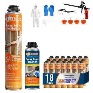 Closed Cell Spray Foam Insulation Kit 360 Sq.Ft.,High Density Polyurethane Expanding Spray Foam for Walls and Attic,Easy DIY Wide Spray Foam Kit with Gun, Cleaner & Safety Gear - 18 Pack Closed Cell Spray Foam Insulation Kit 360 Sq.Ft.,High Density Polyurethane Expanding Spray Foam for Walls and Attic,Easy DIY Wide Spray Foam Kit with Gun, Cleaner & Safety Gear - 18 Pack