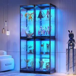 Glass Display Cabinet with Doors, 65" Tall 4-Tier Curio Display Case with 3 Color Lights and Human Body Sensor, Bookcase for Collectibles, Black Glass Display Cabinet with Doors, 65" Tall 4-Tier Curio Display Case with 3 Color Lights and Human Body Sensor, Bookcase for Collectibles, Black