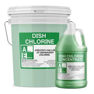 Dish Chlorine Concentrate - Food Contact Surfaces- Commercial Dishwasher - No Rinse - Food Service Kitchen - Multi-Use - Makes four 5-Gallon Pails (Diluted Further to 5,120 Gallons) Dish Chlorine Concentrate - Food Contact Surfaces- Commercial Dishwasher - No Rinse - Food Service Kitchen - Multi-Use - Makes four 5-Gallon Pails (Diluted Further to 5,120 Gallons)