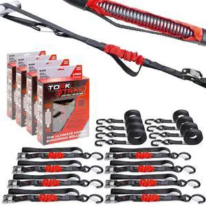 M500 | 14' x 1'' Self Tensioning Tie Down Straps - Automatically Adapt to Load Shifts - 1,500LB Break Strength - Pull Alternative to Ratchet Straps - Integrated Soft Loops & Hooks (8-PK) M500 | 14' x 1'' Self Tensioning Tie Down Straps - Automatically Adapt to Load Shifts - 1,500LB Break Strength - Pull Alternative to Ratchet Straps - Integrated Soft Loops & Hooks (8-PK)
