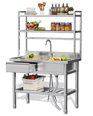 Stainless Steel Utility Sink with Shelves, Free Standing Single Bowl Commercial Kitchen Sinks with Drawer & Water Pipes, Stainless Steel Prep Table Countertop Workbench for Home Restaurant Stainless Steel Utility Sink with Shelves, Free Standing Single Bowl Commercial Kitchen Sinks with Drawer & Water Pipes, Stainless Steel Prep Table Countertop Workbench for Home Restaurant