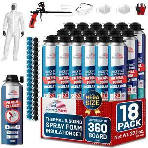 Spray Foam Insulation Kit (18 x 32.80 oz/930 gr - 480 Board feet), Self-Expanding Adhesive Foam, Closed Cell Heat Insulation & Acustic Spray with Cleaner and Dispensing Gun - 18 Pack Spray Foam Insulation Kit (18 x 32.80 oz/930 gr - 480 Board feet), Self-Expanding Adhesive Foam, Closed Cell Heat Insulation & Acustic Spray with Cleaner and Dispensing Gun - 18 Pack
