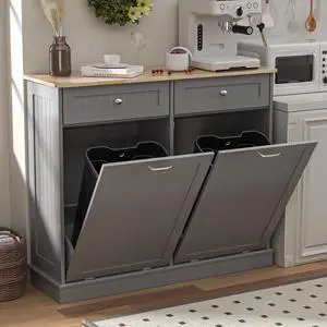 Double Tilt Out Trash Cabinet Kitchen Island,Laundry Hamper Pull Out Trash Can Cabinet 2X13 Gallon Freestanding Pet Proof Trash Can Garbage Can Holder for Living Room Dining Room,Grey Double Tilt Out Trash Cabinet Kitchen Island,Laundry Hamper Pull Out Trash Can Cabinet 2X13 Gallon Freestanding Pet Proof Trash Can Garbage Can Holder for Living Room Dining Room,Grey
