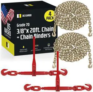 DC Cargo Chain Binder Kit (2 Sets) | 3/8" Grade 70 Extra Long 20 Foot Chain - and Load Binder Set | Heavy Duty Ratcheting Chain and Binder | Load Chain and Binders 6,600lb Working Load Limit As Set DC Cargo Chain Binder Kit (2 Sets) | 3/8" Grade 70 Extra Long 20 Foot Chain - and Load Binder Set | Heavy Duty Ratcheting Chain and Binder | Load Chain and Binders 6,600lb Working Load Limit As Set