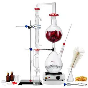 Essential Oil Distillation Equipment, 2L Capacity, Made with 3.3 Borosilicate Lab-Quality Glass, Includes a 1000W Heater and 24/40 Joint Connections, Comprehensive 28-Piece Kit Essential Oil Distillation Equipment, 2L Capacity, Made with 3.3 Borosilicate Lab-Quality Glass, Includes a 1000W Heater and 24/40 Joint Connections, Comprehensive 28-Piece Kit