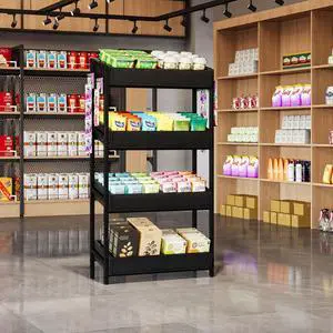4-Tier Retail Display Rack Stand, Wooden Snack Candy Rack, Heavy-Duty Wood Metal Concession Stands, Storage Shelf Organizer for Potato Chip (2, Black) 4-Tier Retail Display Rack Stand, Wooden Snack Candy Rack, Heavy-Duty Wood Metal Concession Stands, Storage Shelf Organizer for Potato Chip (2, Black)