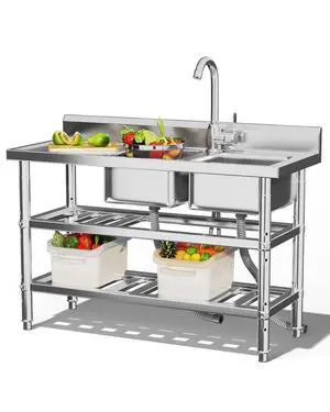 Stainless Steel Utility Sink, Freestanding Outdoor Sink Station with Hose Hookup, Small Tub for Garage, Laundry, Kitchen, Farmhouse(Double Bowl) Stainless Steel Utility Sink, Freestanding Outdoor Sink Station with Hose Hookup, Small Tub for Garage, Laundry, Kitchen, Farmhouse(Double Bowl)