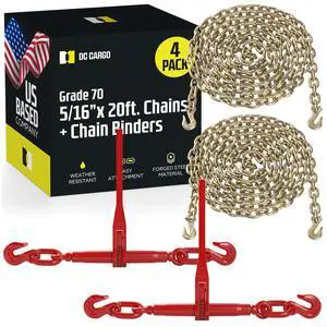 DC Cargo Chain Binder Kit (2 Sets) | 5/16" Grade 70 Extra Long 20 Foot Chain - and Load Binder Set | Heavy Duty Ratcheting Chain and Binder | Load Chain and Binders 4,700lb Working Load Limit As Set DC Cargo Chain Binder Kit (2 Sets) | 5/16" Grade 70 Extra Long 20 Foot Chain - and Load Binder Set | Heavy Duty Ratcheting Chain and Binder | Load Chain and Binders 4,700lb Working Load Limit As Set