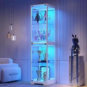 Glass Display Cabinet with Doors, 65" Tall 4-Tier Curio Display Case with 3 Color Lights and Human Body Sensor, Bookcase for Collectibles, White Glass Display Cabinet with Doors, 65" Tall 4-Tier Curio Display Case with 3 Color Lights and Human Body Sensor, Bookcase for Collectibles, White